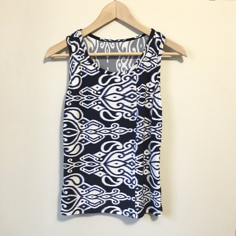Handmade TribalDamask Print Navy Blue and White Stretchy Tank Top